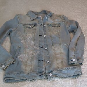 LuLaRoe Light Blue Denim Jacket with Floral Embroidery Size L